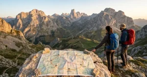 Etapas Anillo Picos de Europa con mapa de ruta, refugios y montañeros planificando la travesía