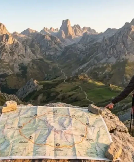Etapas Anillo Picos de Europa con mapa de ruta, refugios y montañeros planificando la travesía
