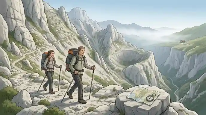 Montañeros avanzando por terreno calizo en el Anillo Vindio Picos de Europa con desnivel, niebla y refugio al fondo
